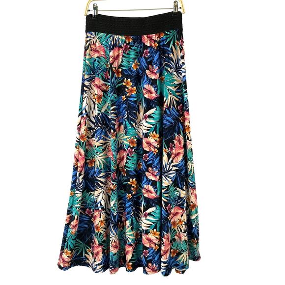 Robert Louis Tropical Maxi Skirt Women L Blue Floral Beach Elastic Waist Stretch - Picture 1 of 10